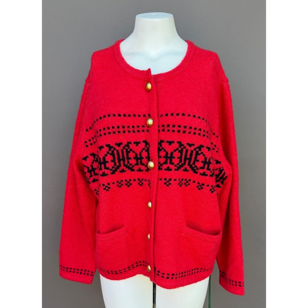 Free Assembly Red Fair Isle Cardigan Sweater 1X Gold Button Knit Pockets Holiday